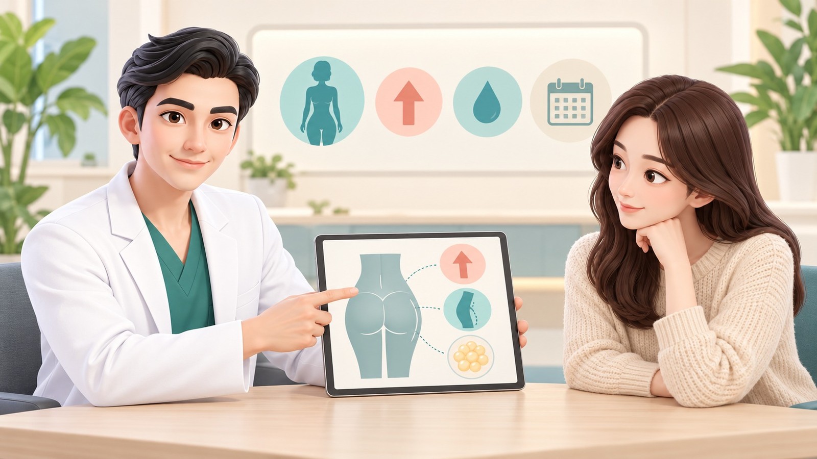 김학준 원장님이 태블릿으로 엉덩이 모양을 설명하는 상담 장면