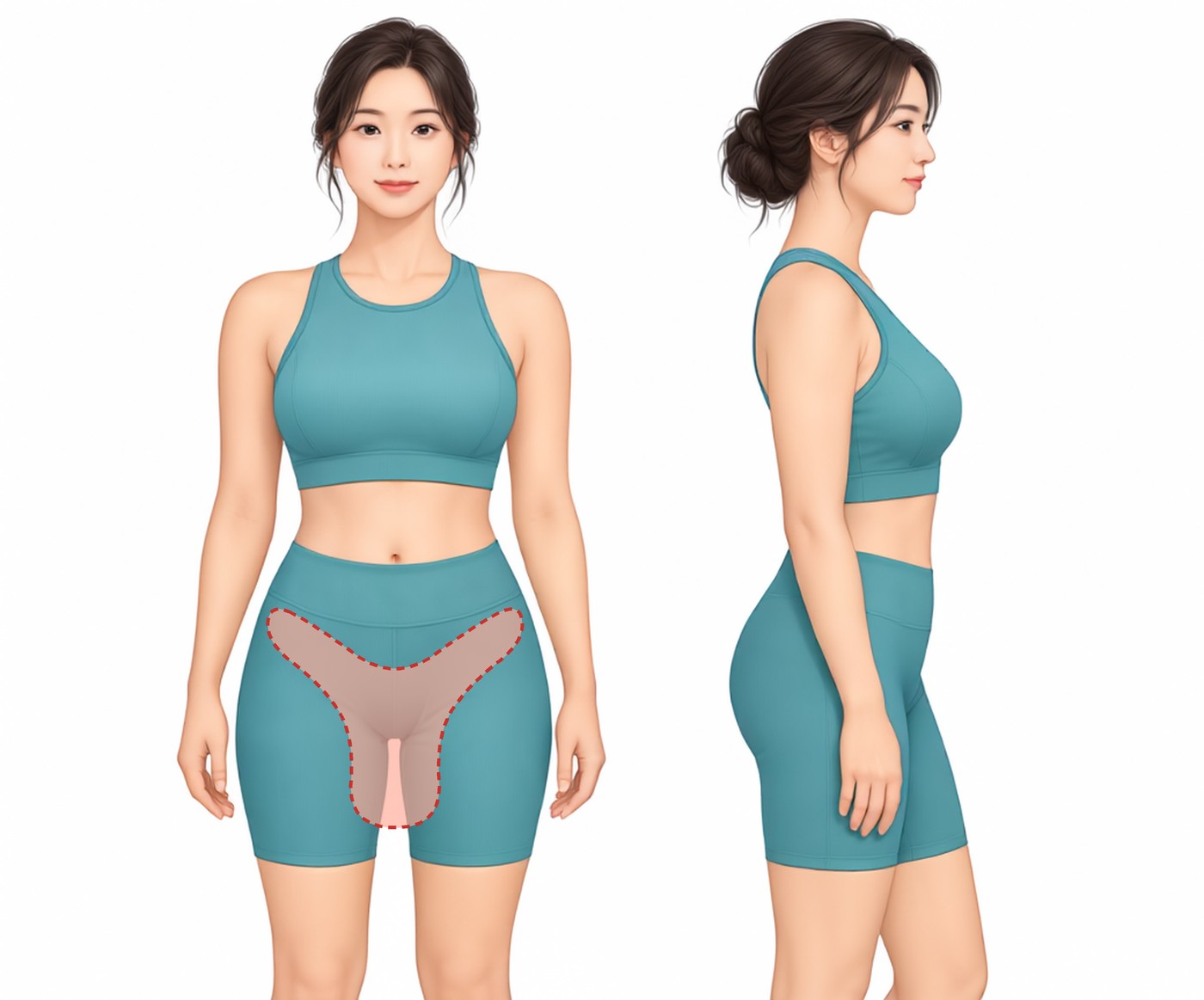 하복부 아래 치골부에서 양쪽 허벅지 내측 상부로 이어지는 Y존의 위치를 정면과 측면으로 보여주는 일러스트