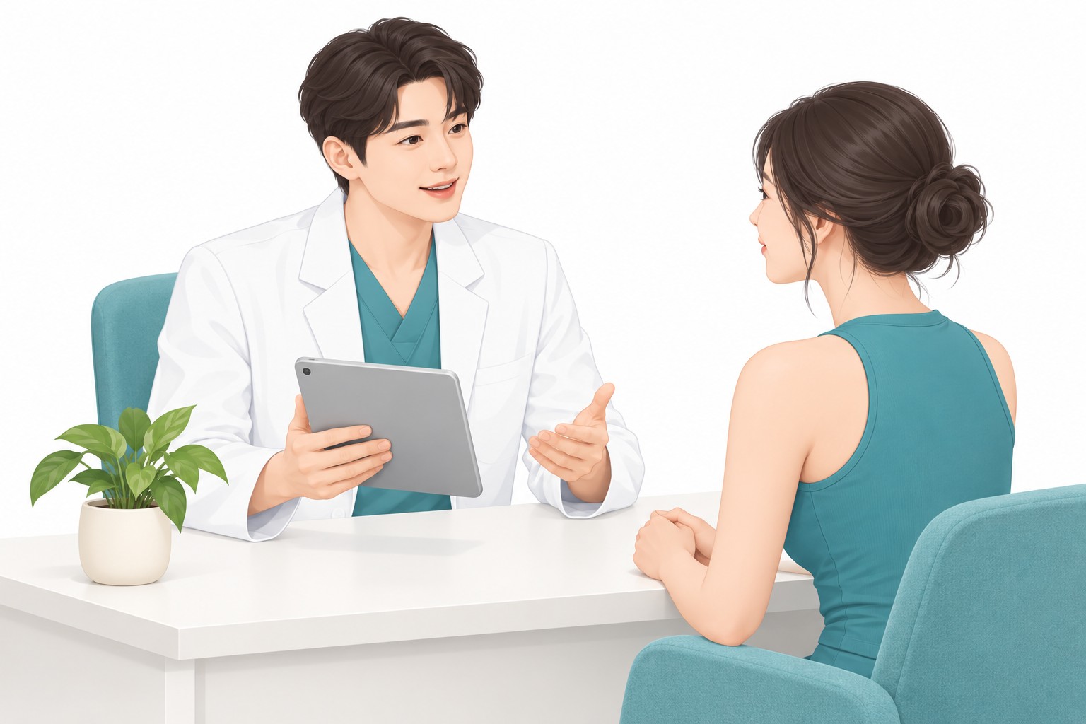 의사가 태블릿으로 수술 범위와 계획을 설명하는 상담 장면 일러스트