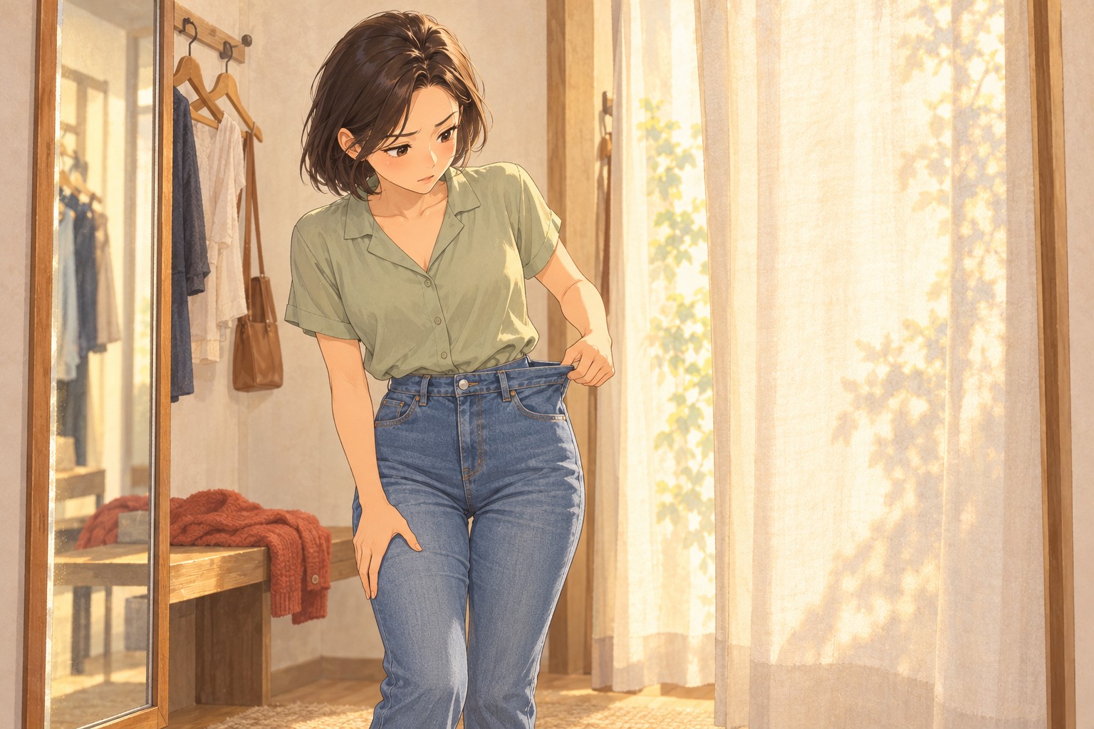 다이어트를 해도 빠지지 않는 부위를 고민하는 모습