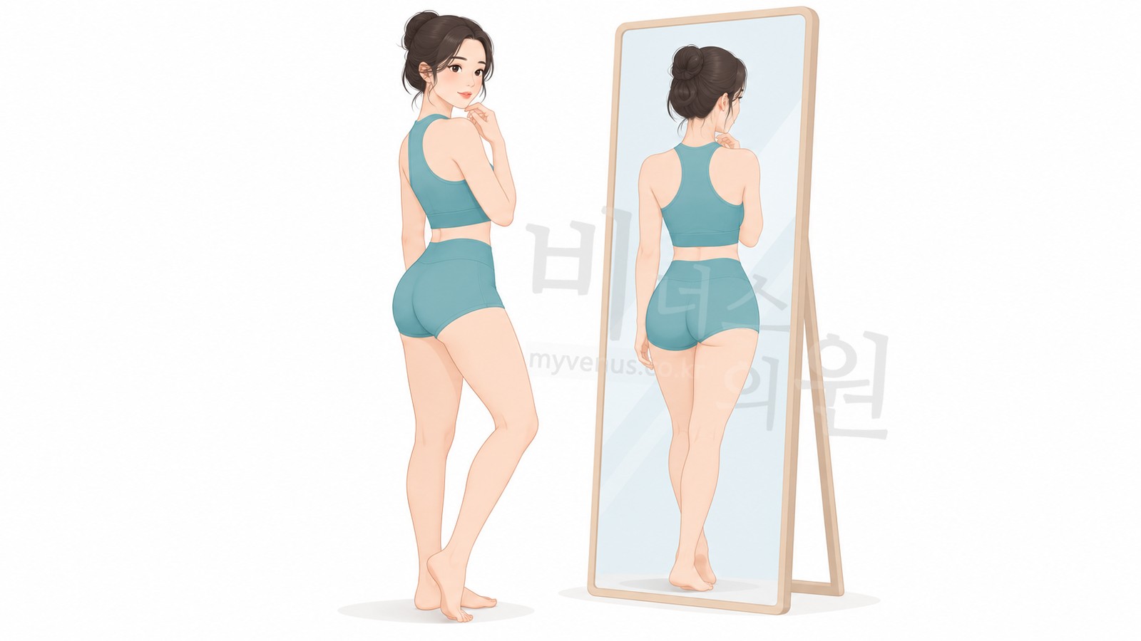 거울에 비친 엉덩이와 허벅지의 경계선을 돌아보는 모습