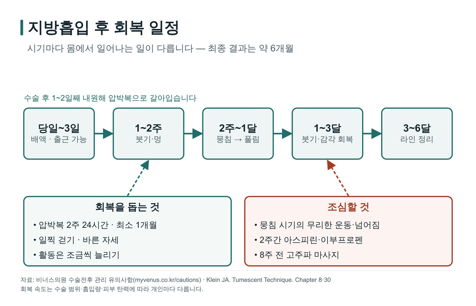 지방흡입 후 회복 일정 흐름도 — 당일부터 6개월까지