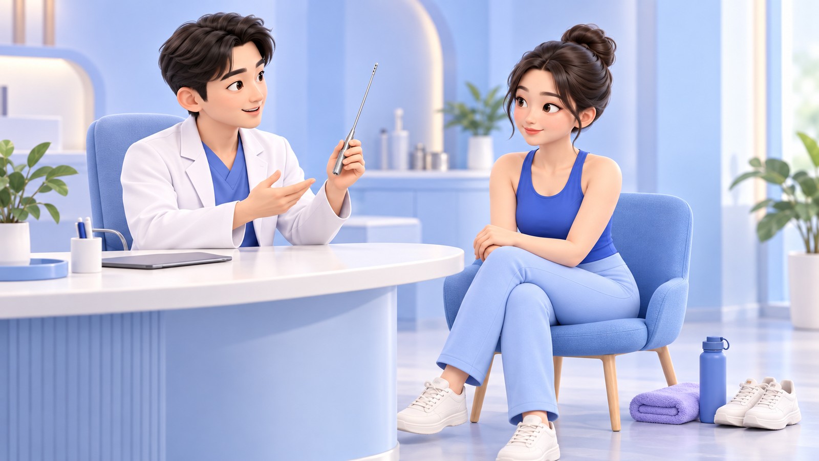 의사가 손으로 잡는 가는 캐눌라를 들고 환자에게 SAL 지방흡입을 설명하는 장면