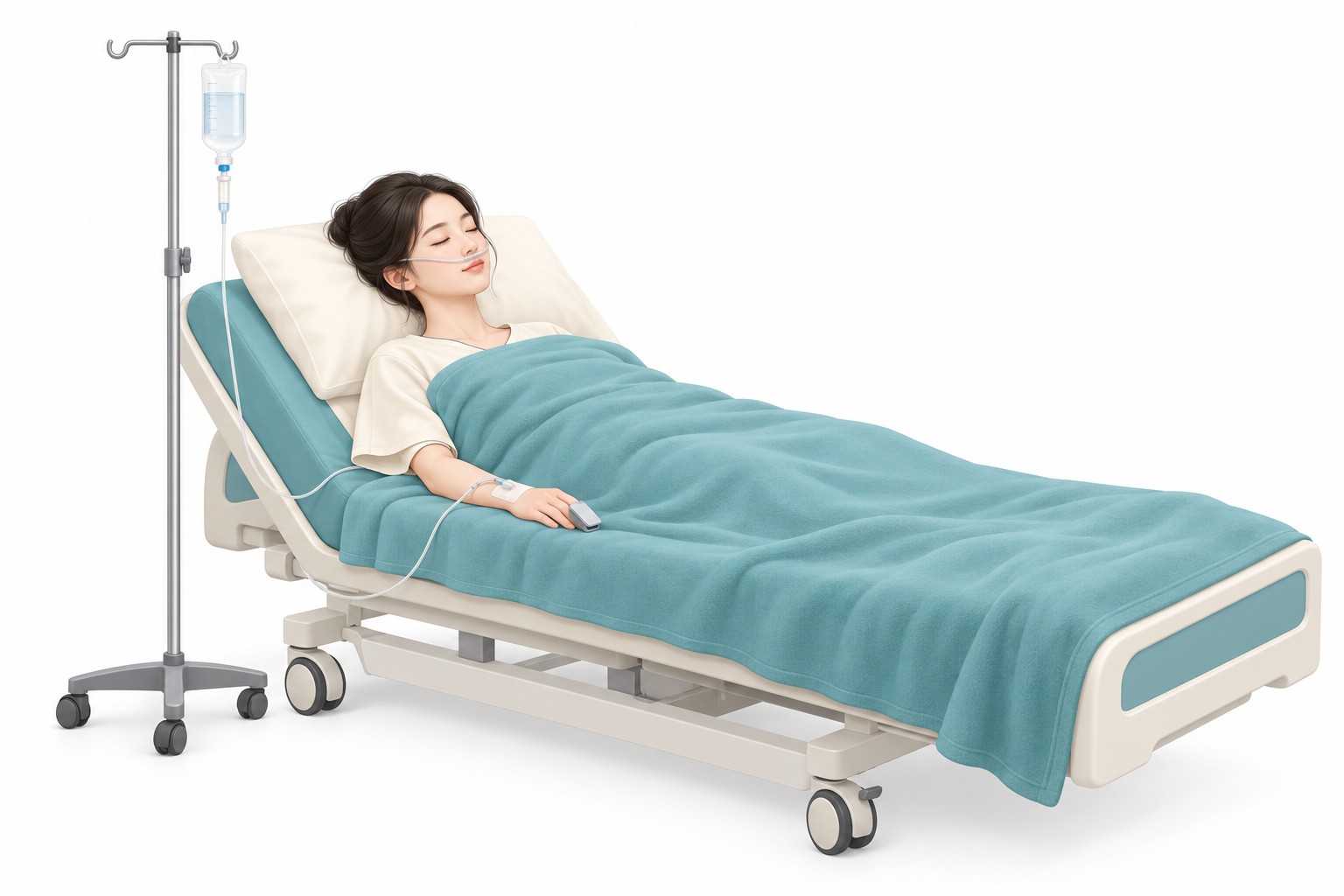 수면마취 아래 편안하게 잠든 환자와 산소포화도 측정기 일러스트