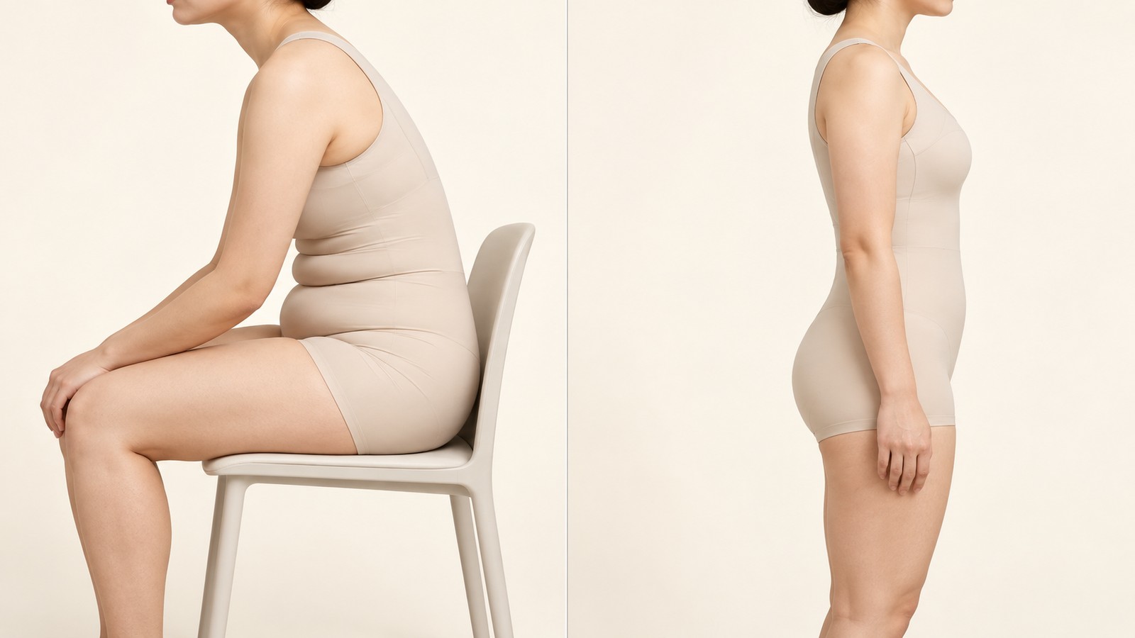 오래 구부정하게 앉은 자세와 바르게 선 자세의 아랫배 비교