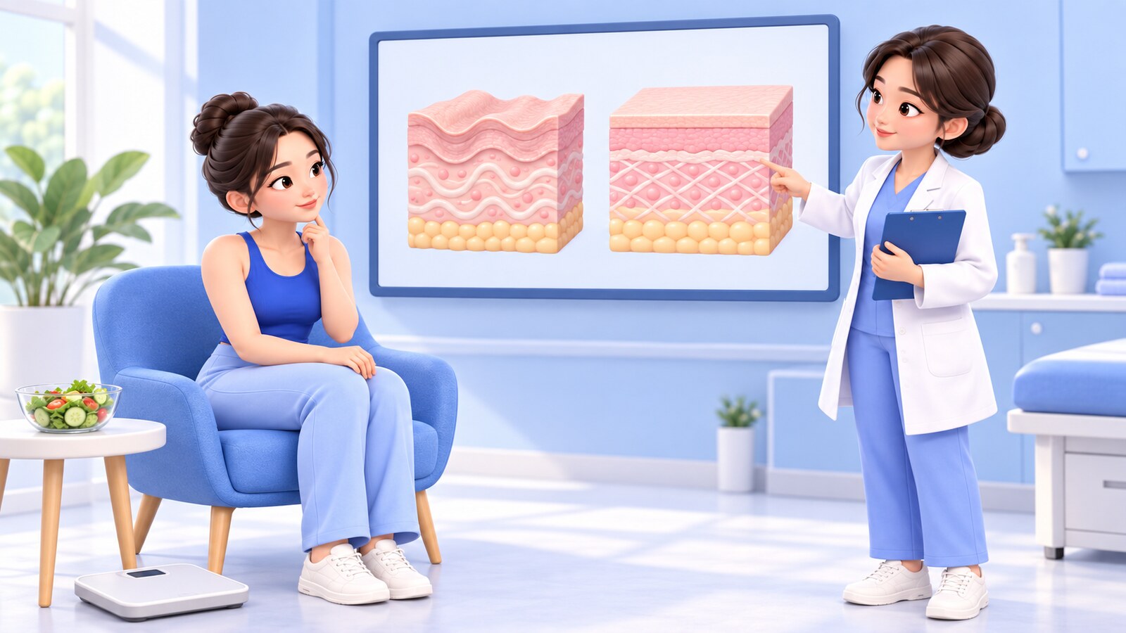 의료진이 체중 감량과 표층 지방흡입의 피부 반응 차이를 설명하는 3D 일러스트