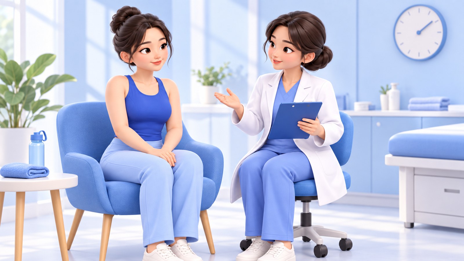 유방하수 상담 장면 — 의료진이 환자에게 수술 계획을 설명하는 3D 일러스트