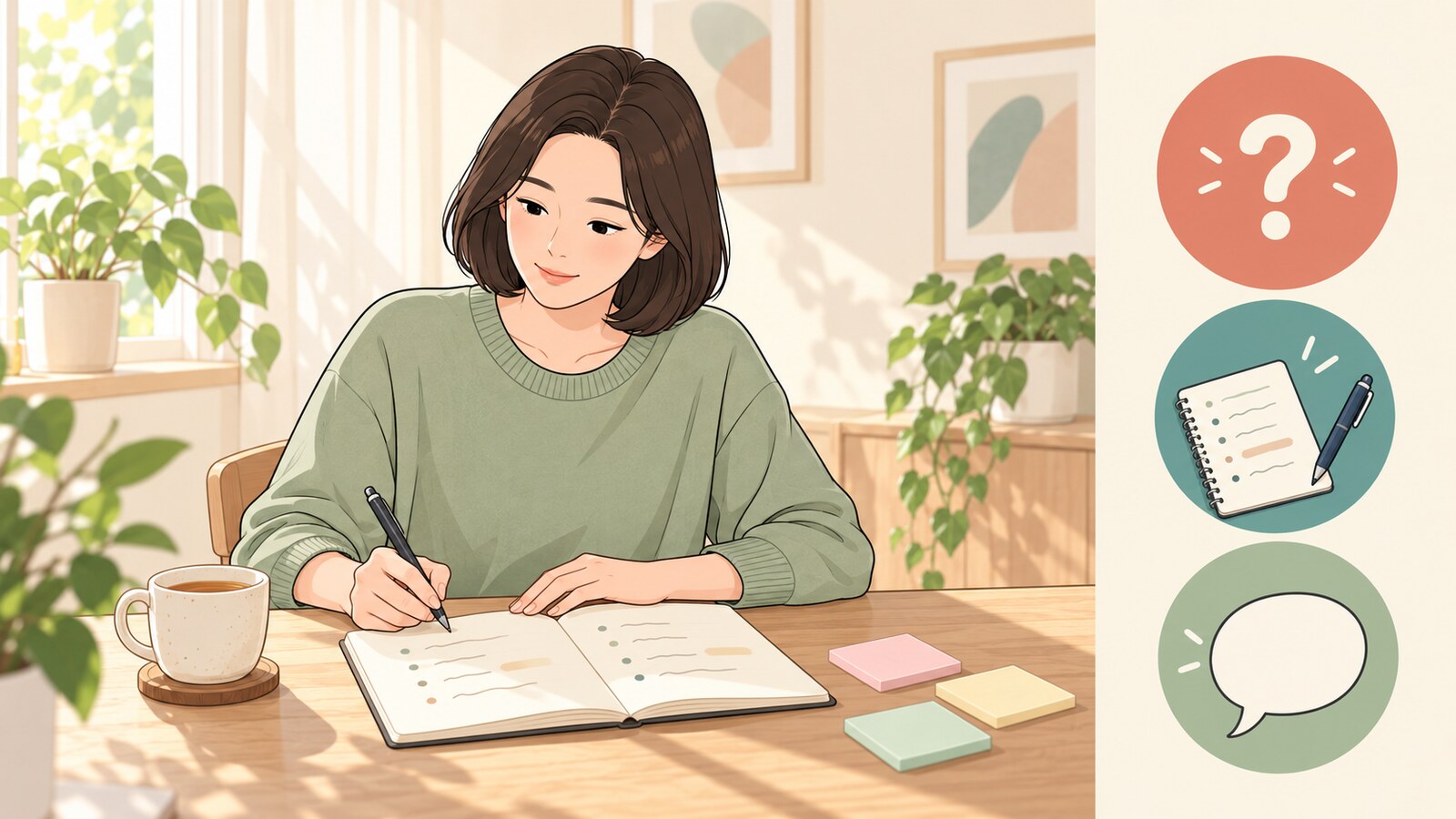 상담 전에 궁금한 점을 노트에 미리 적어 보는 여성
