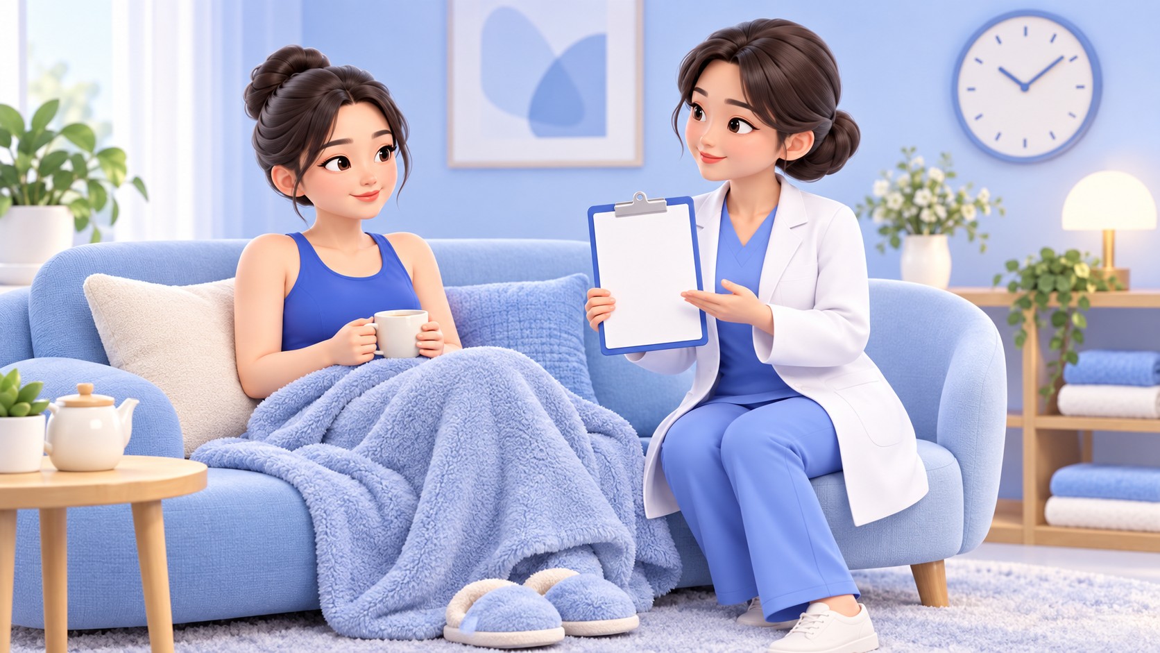 수술 후 회복 관리 상담 일러스트 — 집에서 휴식하는 환자에게 의료진이 회복 체크리스트를 설명하는 모습