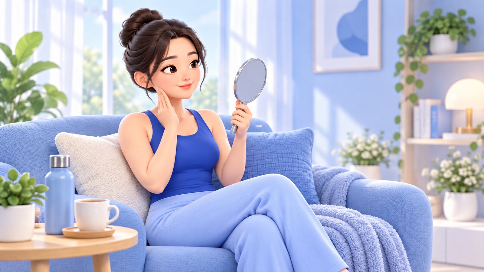 회복 기간 집에서 손거울로 턱선을 확인하는 여성 3D 일러스트