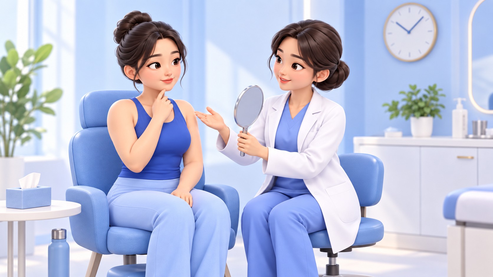 턱 지방흡입 상담 장면 일러스트 — 의료진이 턱밑 지방 위치를 설명하고 환자가 확인하는 모습