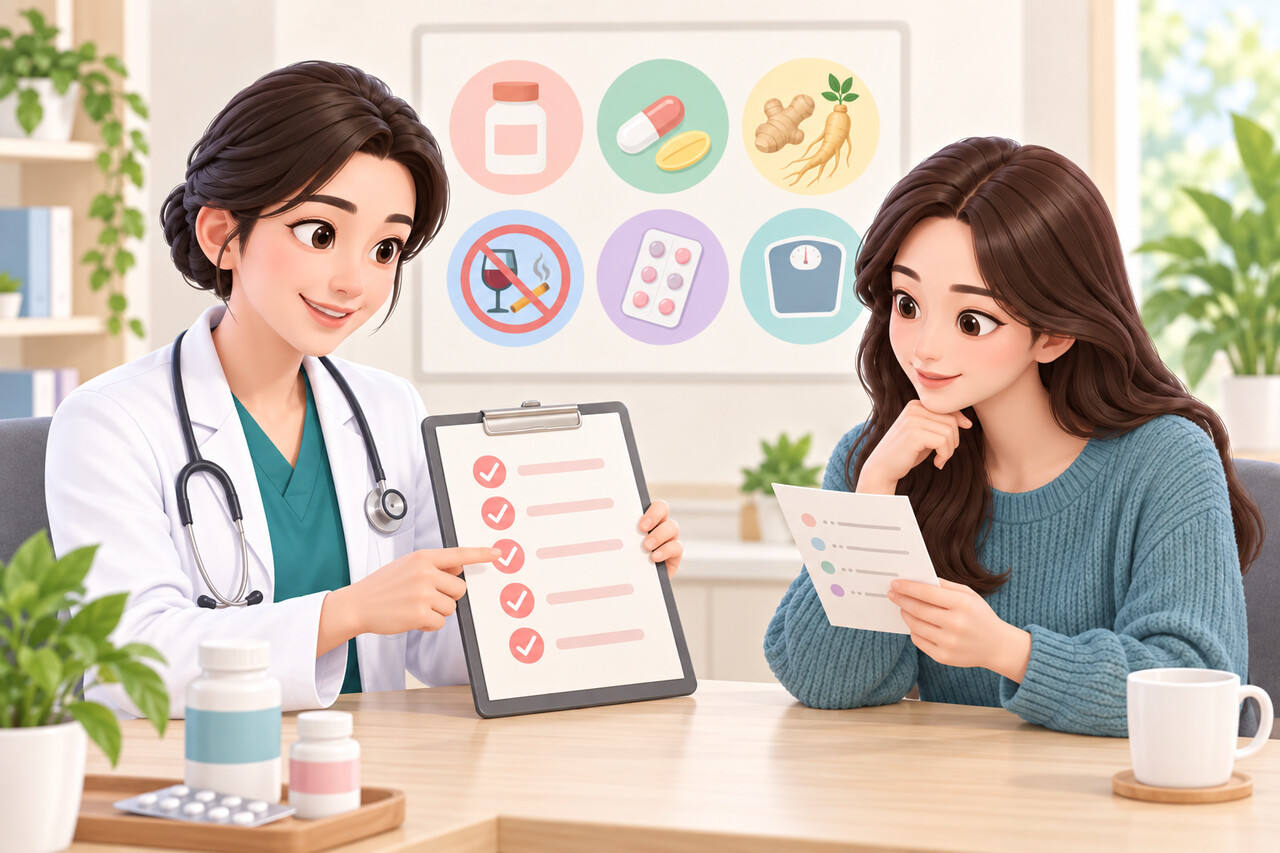 유방 지방흡입 전 상담에서 복용 약과 건강식품, 음주·흡연, 체중 계획을 체크리스트로 확인하는 진료실 일러스트
