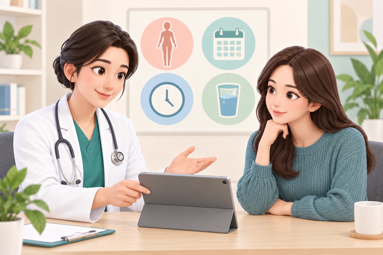 유방하수 표층 지방흡입 수술 전 상담에서 복용 약과 일정을 확인하는 진료실 일러스트