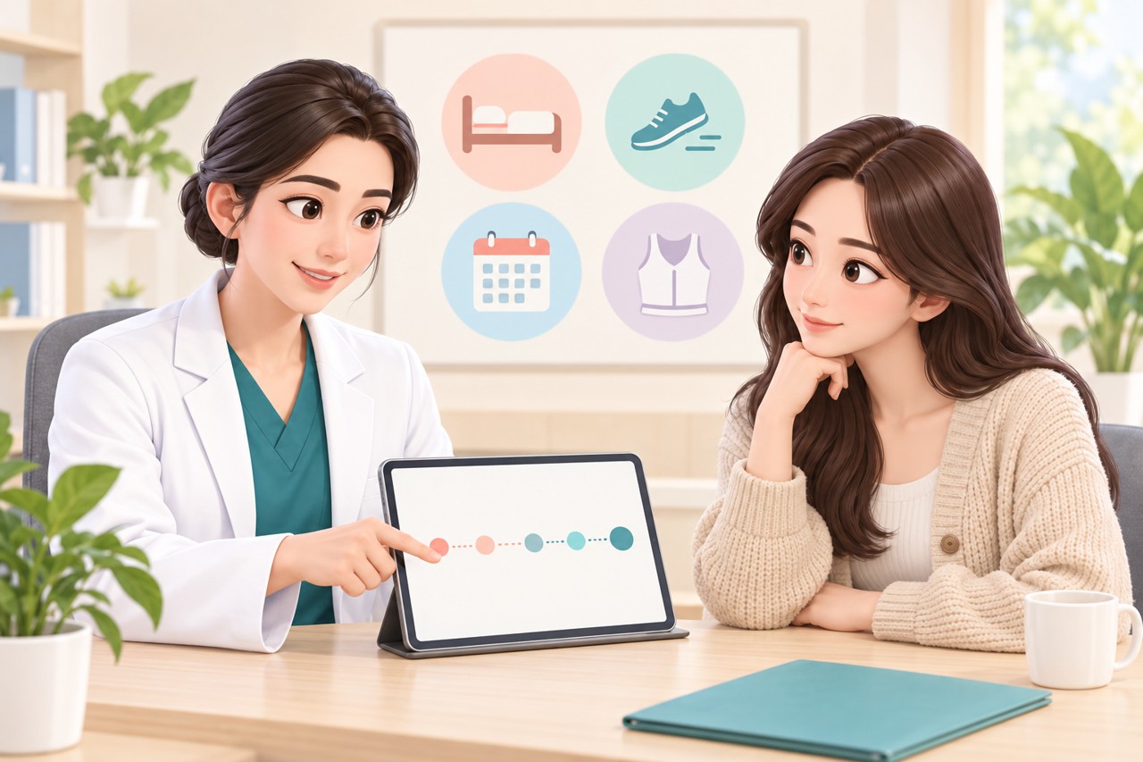유방 지방흡입 후 회복 일정을 달력과 태블릿으로 설명하는 진료실 일러스트