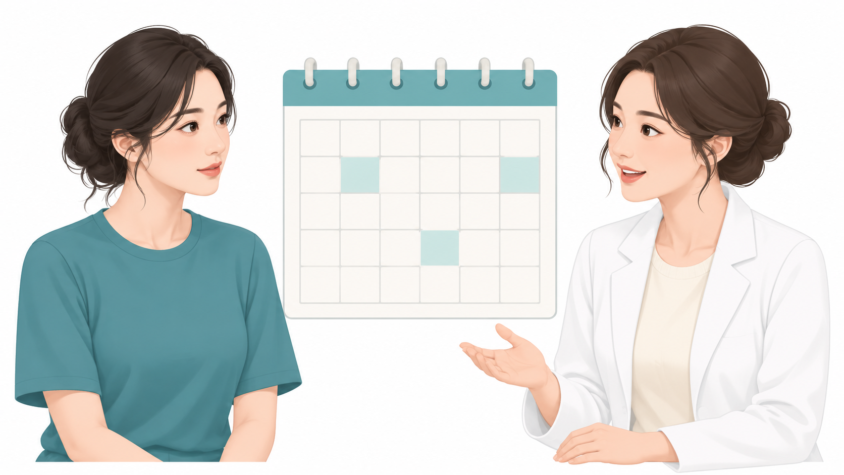 회복 일정과 활동 재개 시기를 개별 상담하는 장면 벡터 일러스트(숫자 없는 달력)