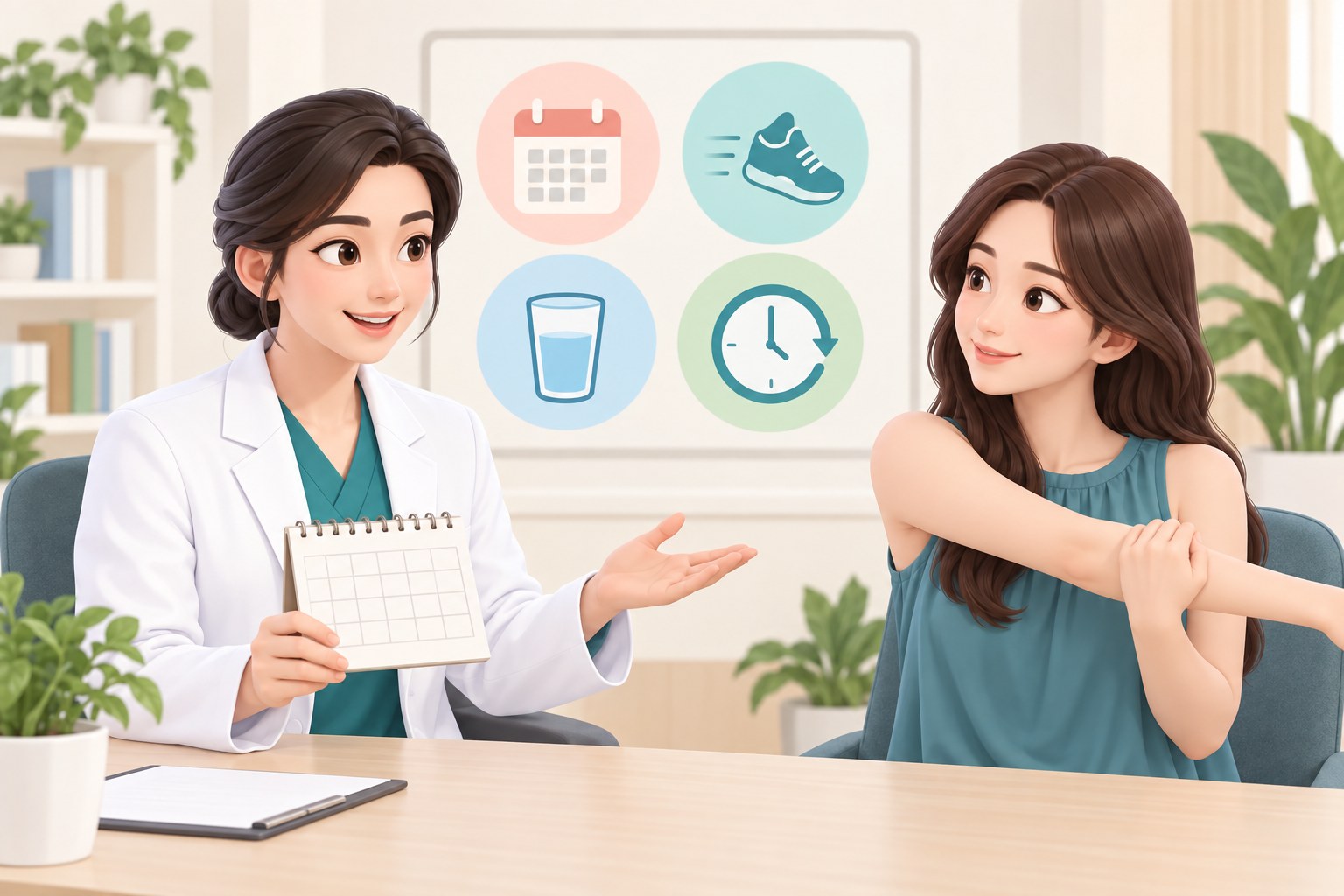수술 후 회복 일정과 활동 재개 시기를 달력으로 설명하는 상담 장면 일러스트