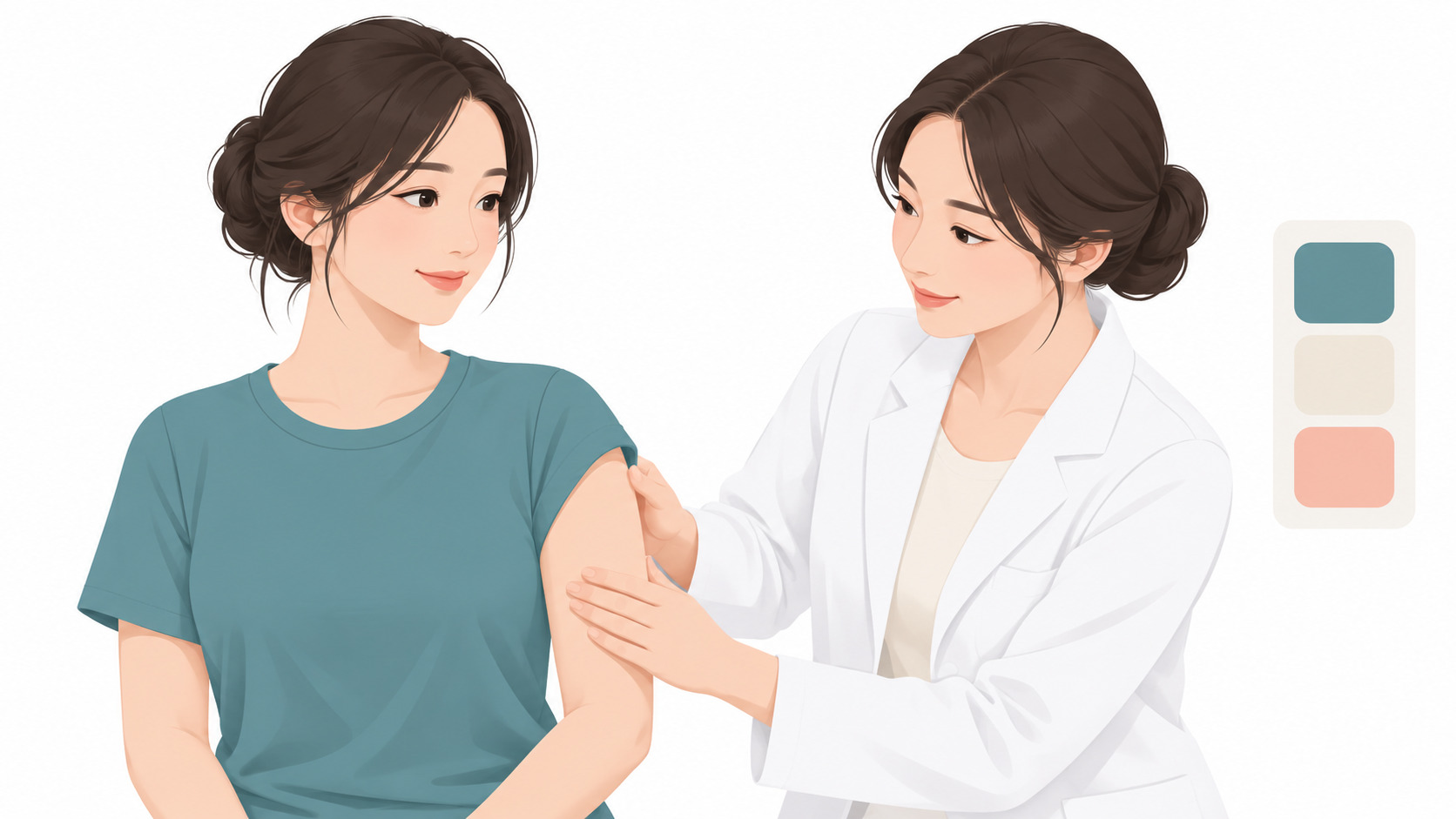 팔의 상태를 확인하며 상담하는 장면 벡터 일러스트