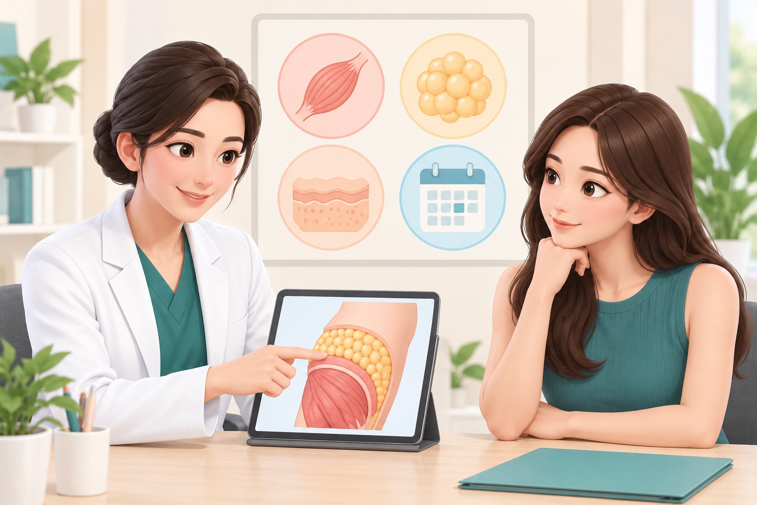 팔 단면 그림으로 근육층과 지방층, 피부층의 차이를 설명하는 상담 장면 일러스트