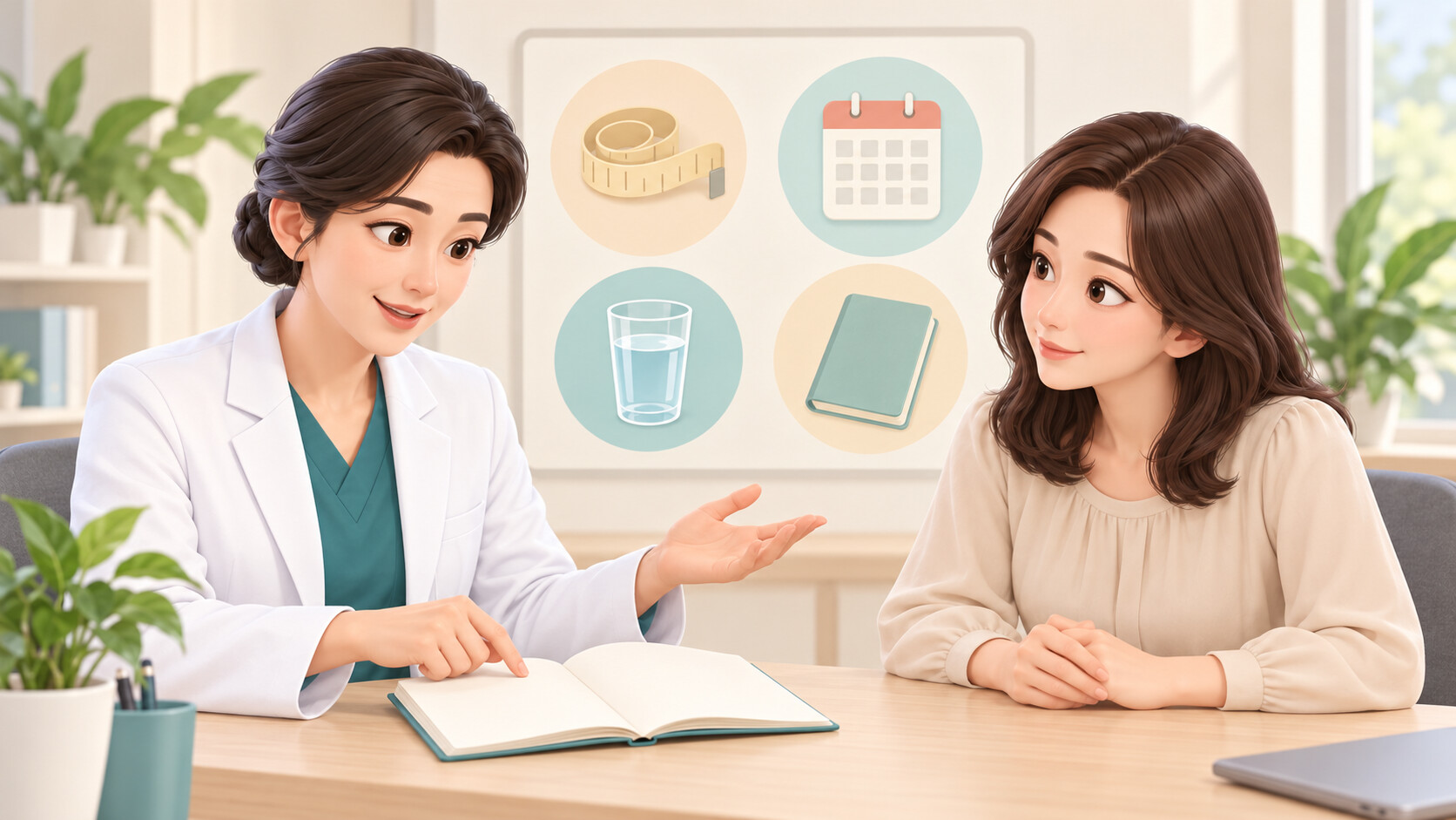 진료실에서 의사가 노트를 보며 복부 지방흡입 수술 과정을 설명하는 상담 장면 비너스의원
