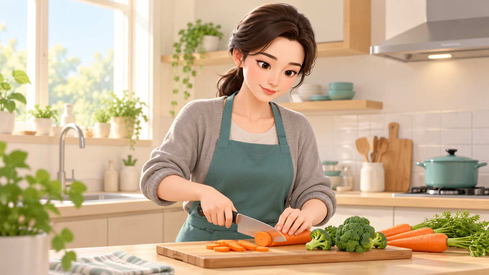수술 후 일상으로 돌아와 집에서 채소로 식사를 준비하는 여성 비너스의원