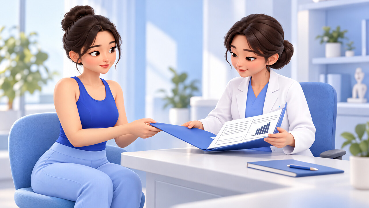 이전 수술 기록이 담긴 파일을 의사에게 건네고 의사가 꼼꼼히 살펴보는 상담 장면 — 엉덩이 지방흡입 재상담