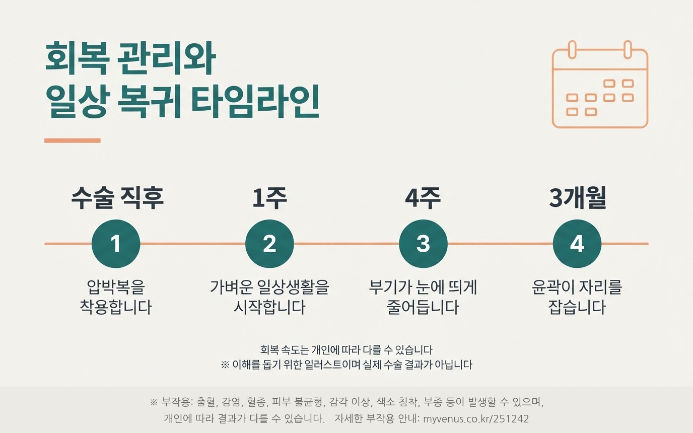 유방 지방흡입 회복 관리와 일상 복귀 타임라인 — 수술 직후·1주·4주·3개월