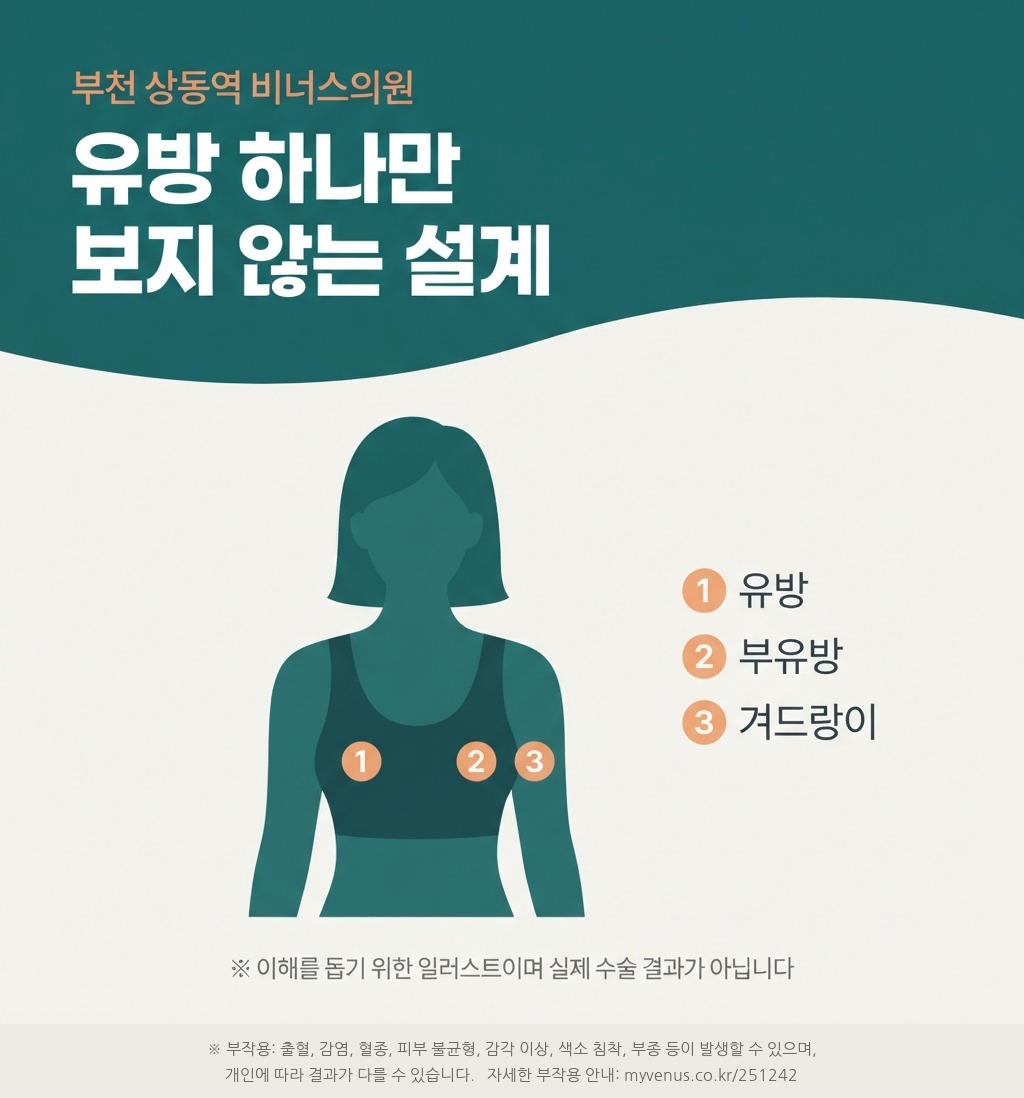 유방 하나만 보지 않는 설계 — 유방·부유방·겨드랑이 범위를 표시한 일러스트