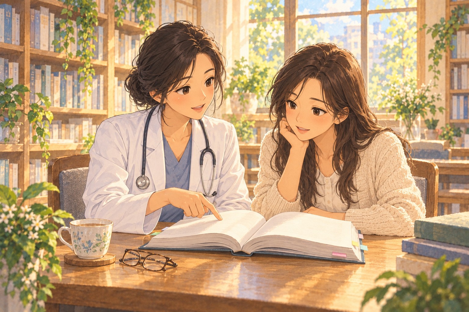 의사와 함께 교과서에 보고된 유방 지방흡입 수치를 살펴보는 상담 장면 비너스의원