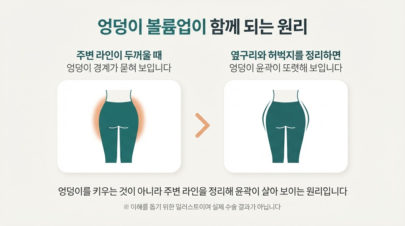 엉덩이 지방흡입과 볼륨업으로 자신감 있는 뒷태 라인을 만드는 체형 이미지