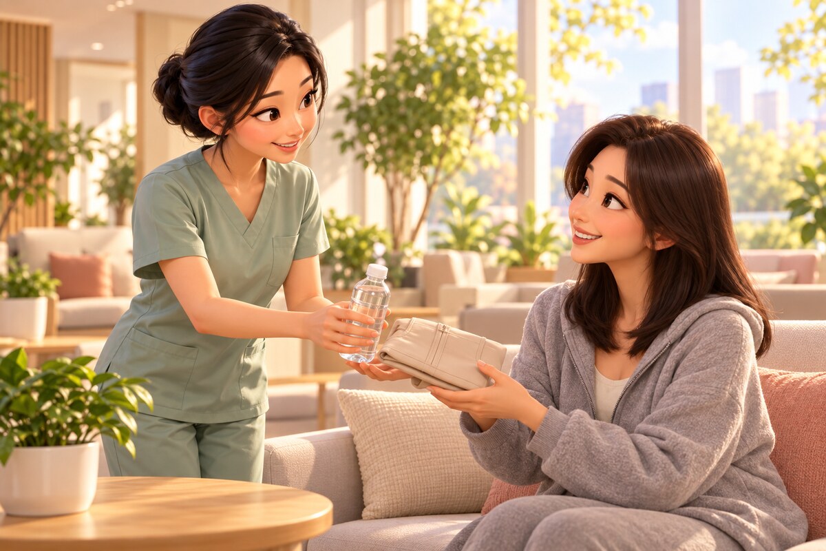 수술 후 회복 안내 — 간호사가 압박복과 물을 건네며 생활 관리를 설명하는 장면