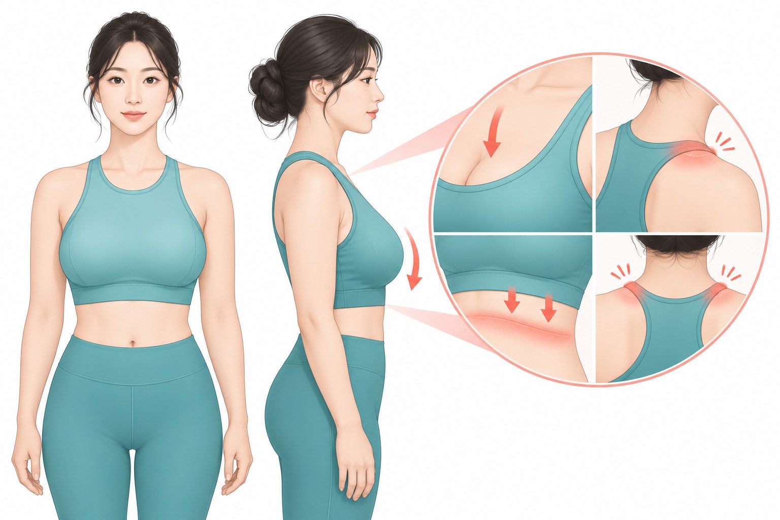 가슴이 클 때 어깨끈 자국과 가슴 하방 피부 자극, 목·어깨 부담을 표시한 유방축소 일러스트