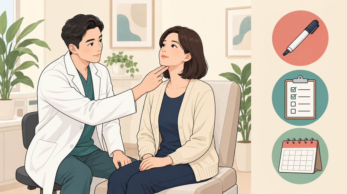 진료실에서 의사가 손끝으로 턱 밑을 가볍게 확인하는 장면