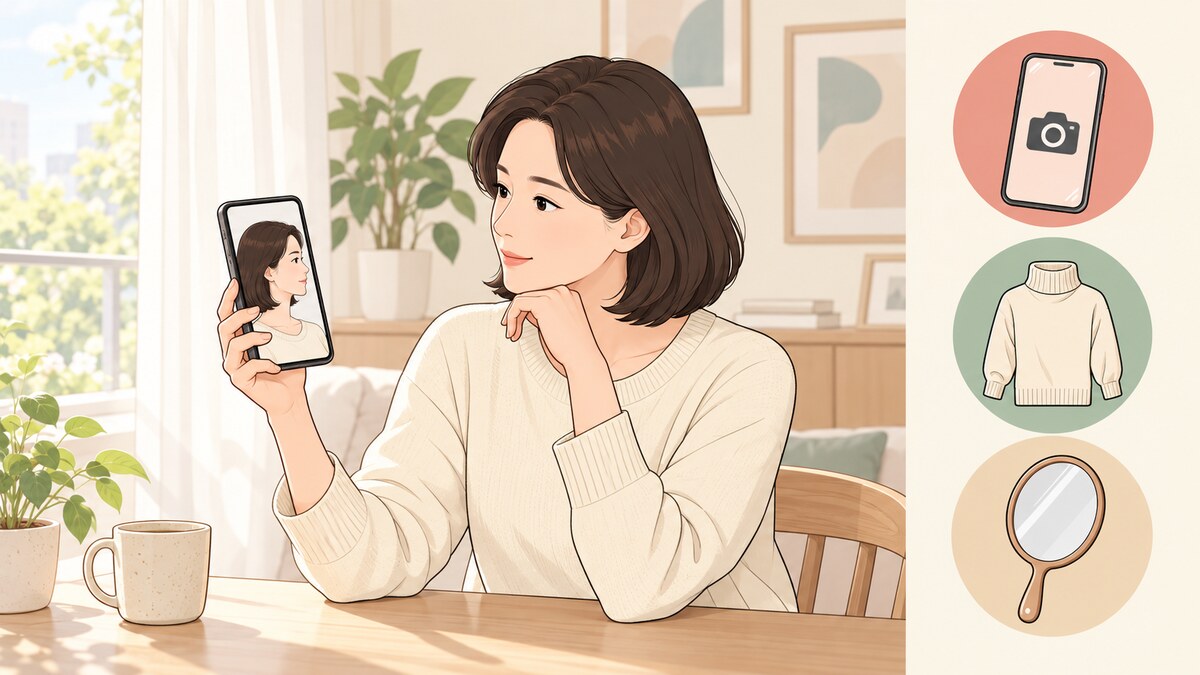 휴대폰으로 찍은 옆모습 사진에서 턱 아래 선을 살펴보는 여성