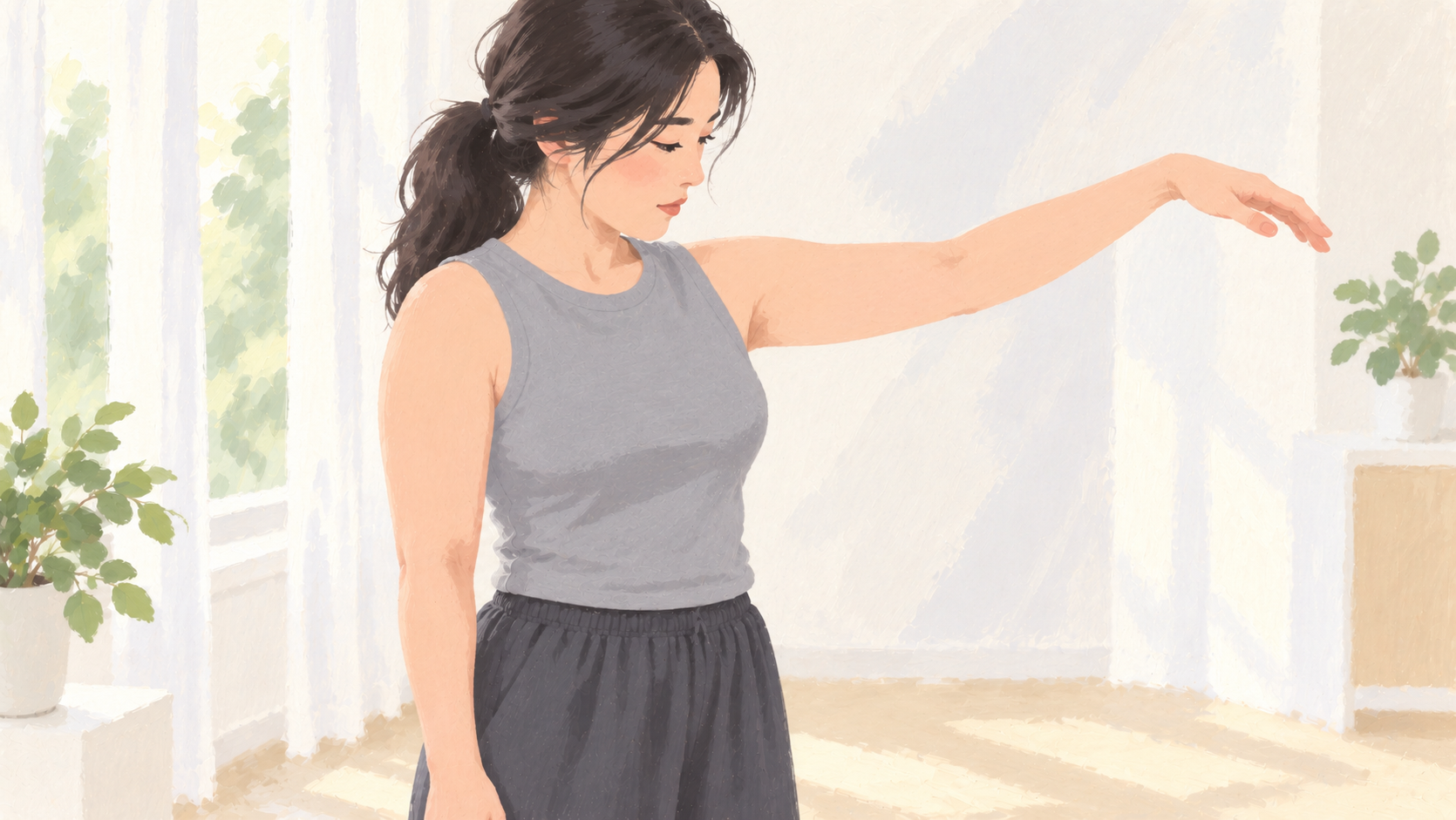 한쪽 팔을 편안히 들어 올려 팔 라인을 확인하는 회색 민소매 차림의 여성 일러스트 비너스의원