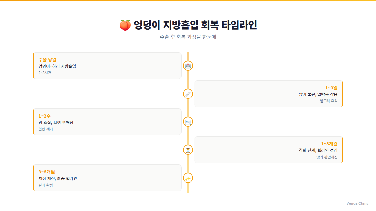 엉덩이 지방흡입 회복 타임라인 인포그래픽 — 수술당일부터 6개월까지