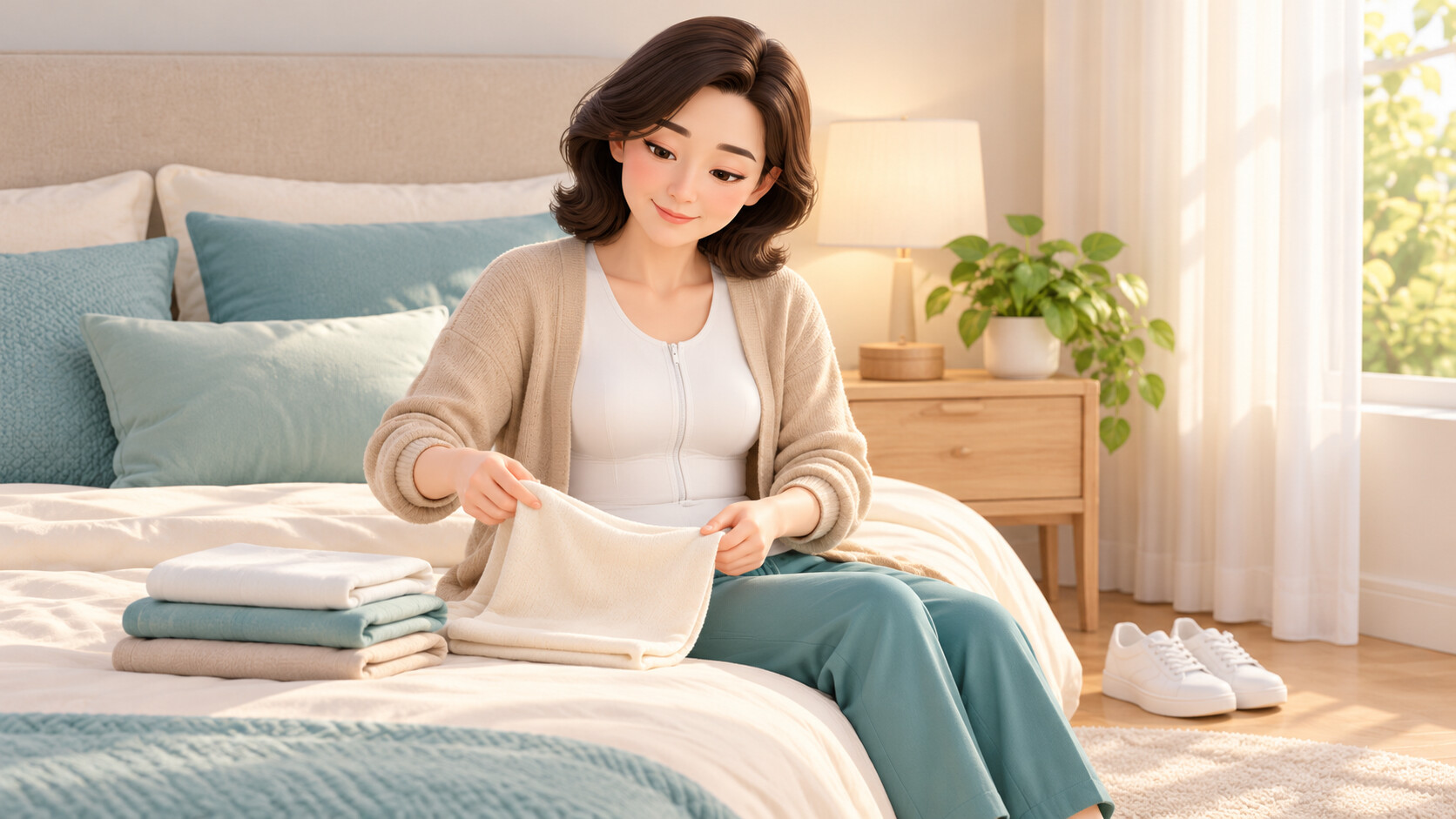 수술 며칠 뒤 압박복 위에 가디건을 걸치고 집에서 빨래를 개는 여성 비너스의원