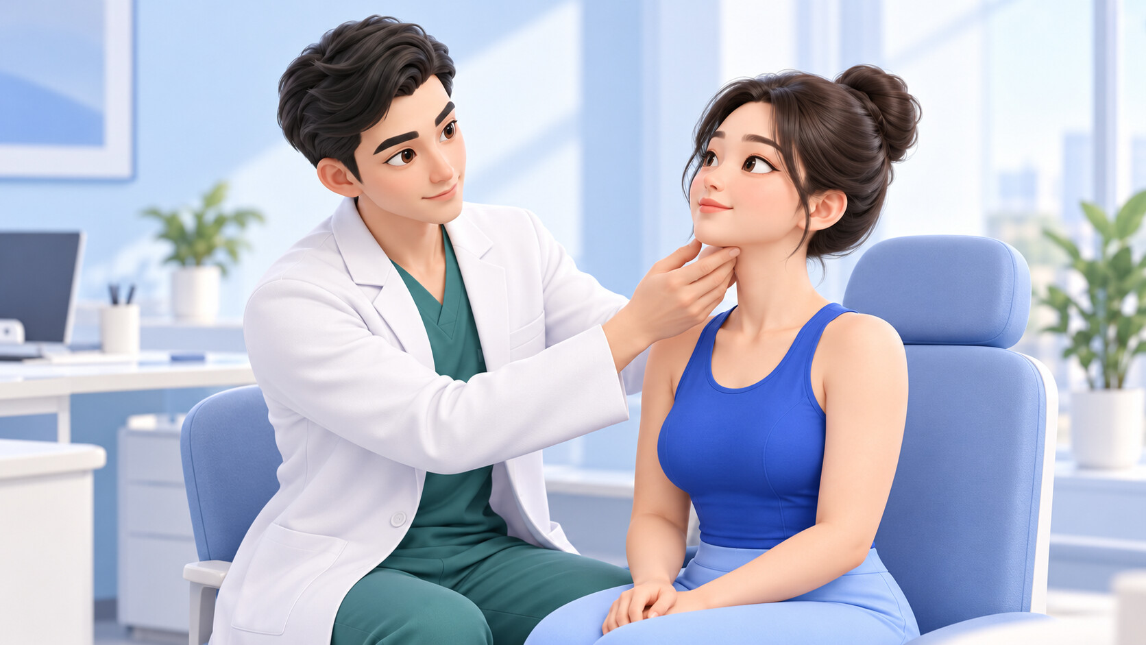상담 중 원장님이 턱 아래와 목을 손끝으로 만져 확인하는 진찰 장면