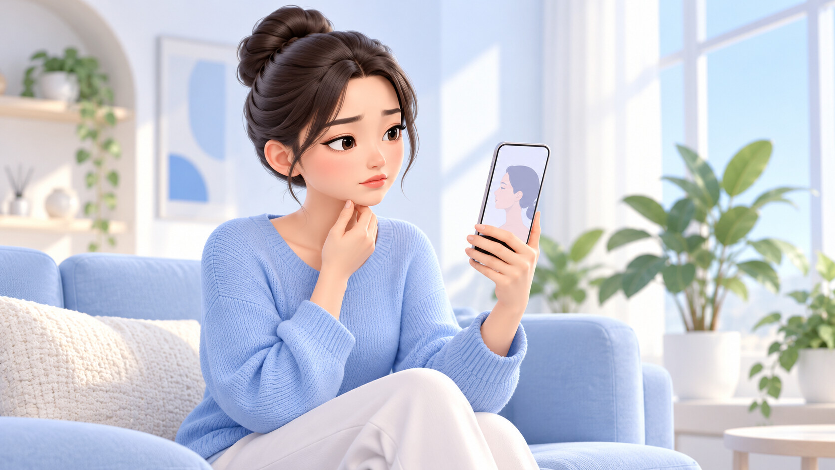 휴대폰으로 찍은 옆모습 사진을 보며 턱 아래를 만져 보는 30대 여성