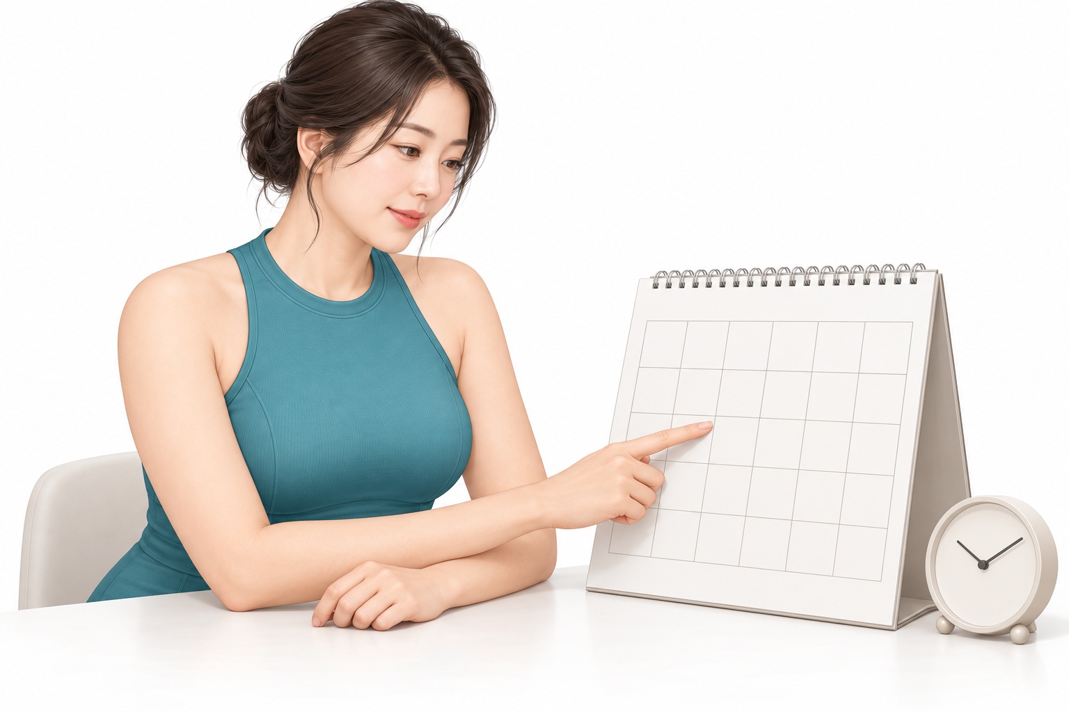달력에 표시하며 회복 일정을 준비하는 여성 — 경과는 개인에 따라 다를 수 있습니다