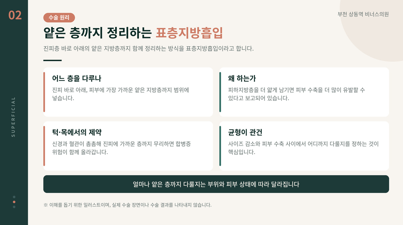 표층지방흡입 인포그래픽 — 진피 아래 얕은 지방층까지 정리하는 방식과 턱·목에서의 제약