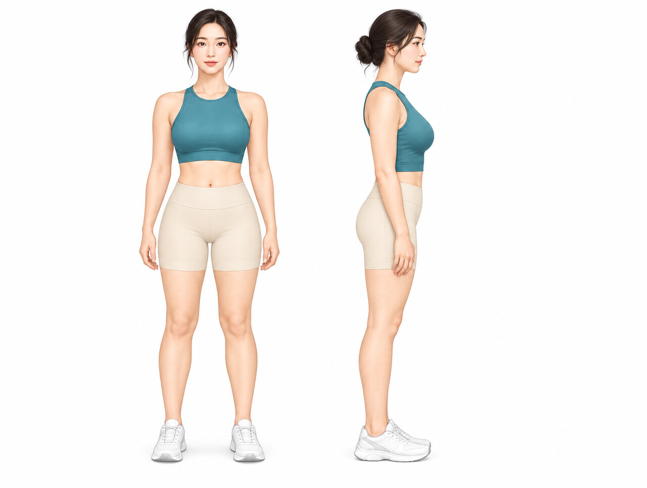 허벅지 압박복을 서혜부 라인까지 올려 입은 정면과 옆모습