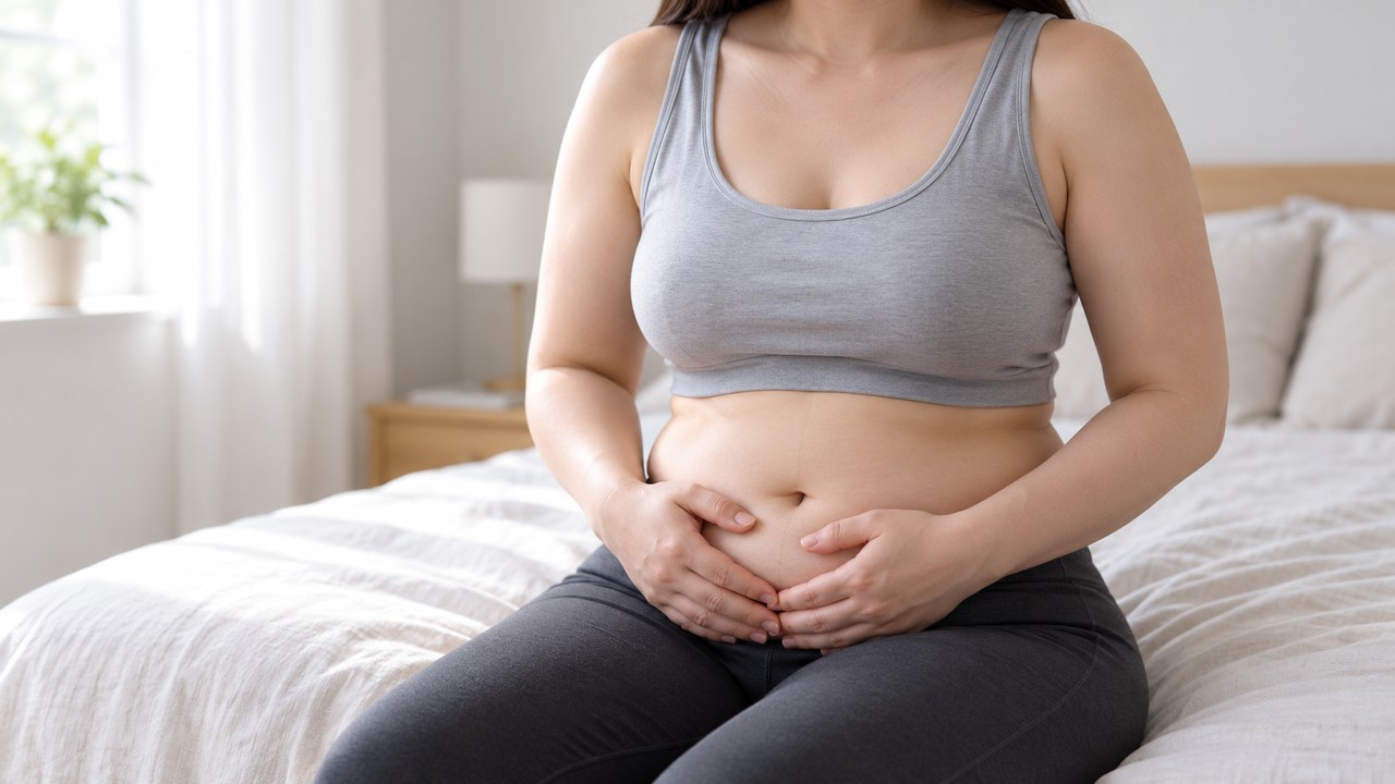 복부 지방흡입을 고민하며 아랫배를 손으로 감싸 쥔 여성의 상반신 사진 (얼굴 비노출)