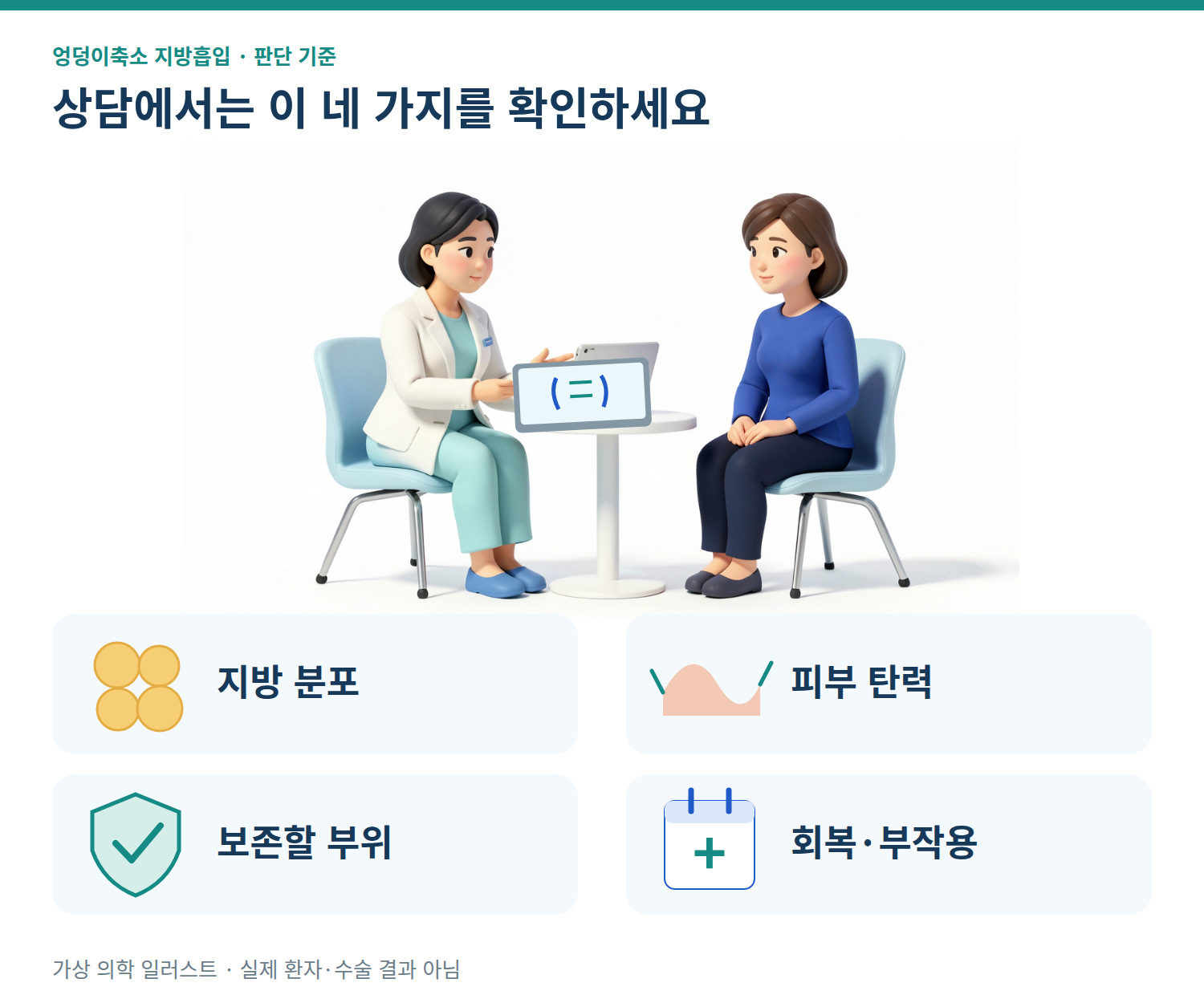 가상 의학 인포그래픽: 상담에서 확인할 지방 분포·피부 탄력·보존할 부위·회복 및 부작용