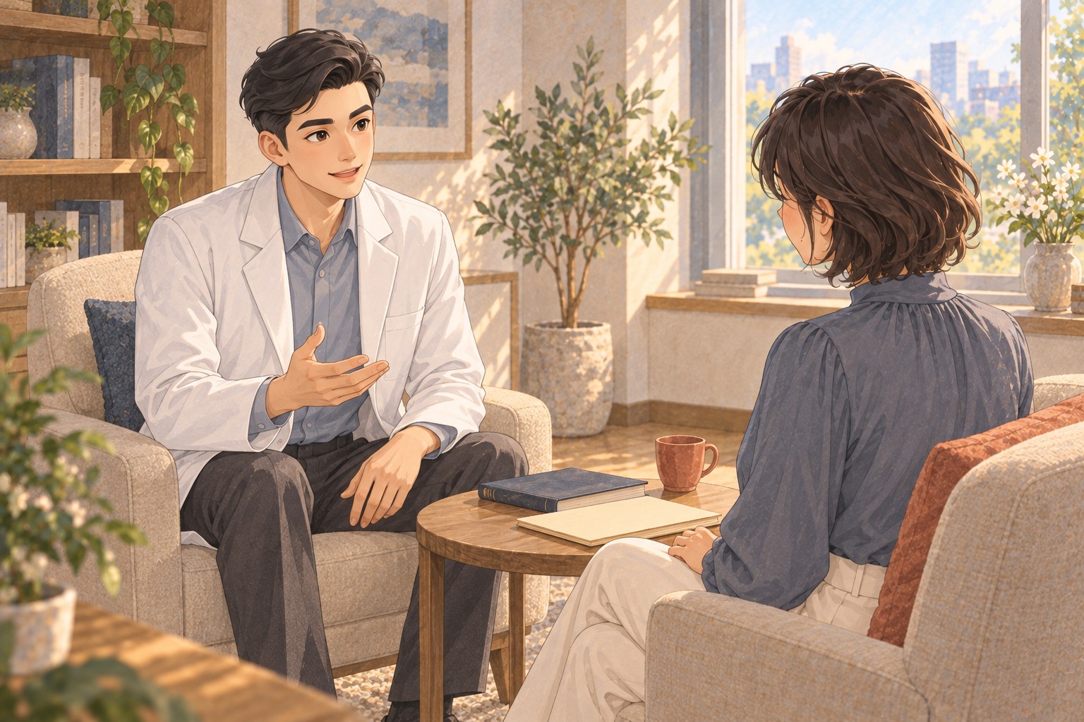 의료진과 마주 앉아 개별 수술 계획을 상담하는 여성