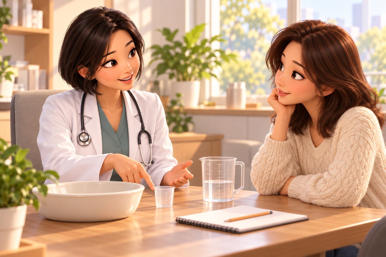 유방하수 표층 지방흡입 수술 전 상담 장면 — 의사가 가슴 부피 측정에 쓰는 대야와 눈금 용기, 계량컵을 설명하는 일러스트