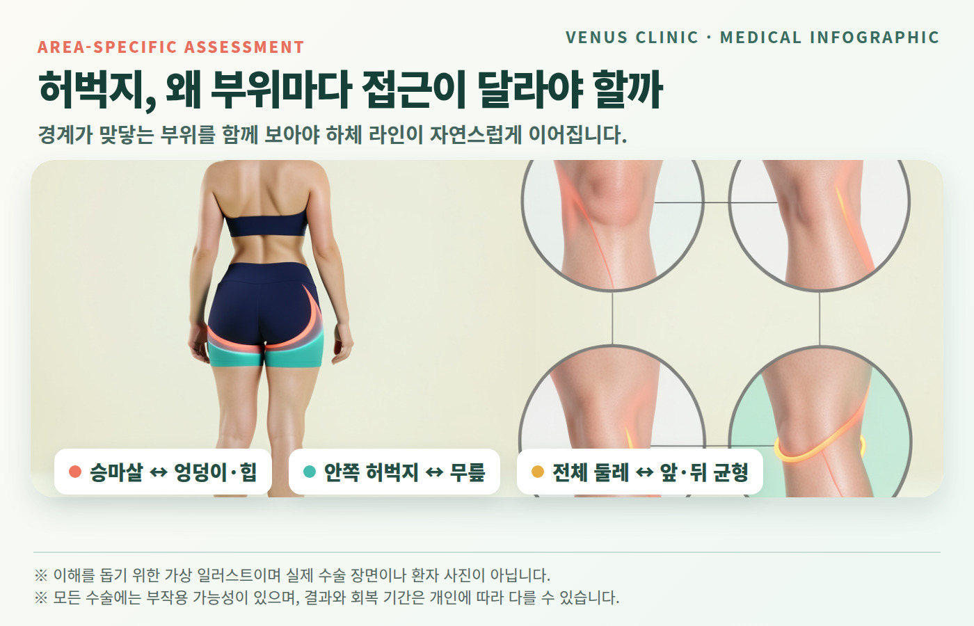승마살과 안쪽 허벅지의 부위별 접근을 설명하는 가상 의료 인포그래픽