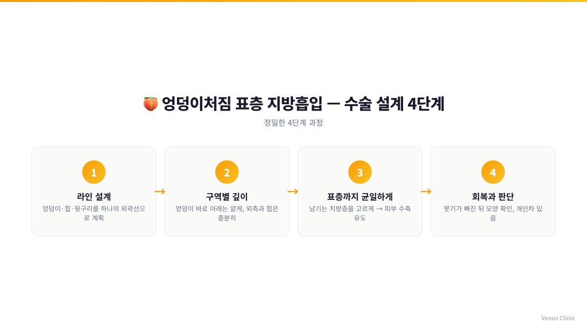 엉덩이처짐 표층 지방흡입 수술 설계 4단계 인포그래픽 라인 설계 구역별 깊이 균일한 흡입 회복