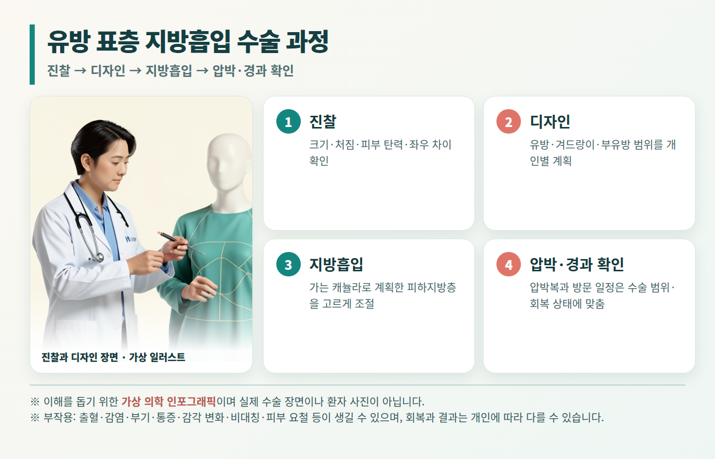 유방 표층 지방흡입 수술 과정 4단계 인포그래픽 — 진단 디자인 지방흡입 압박복 순서