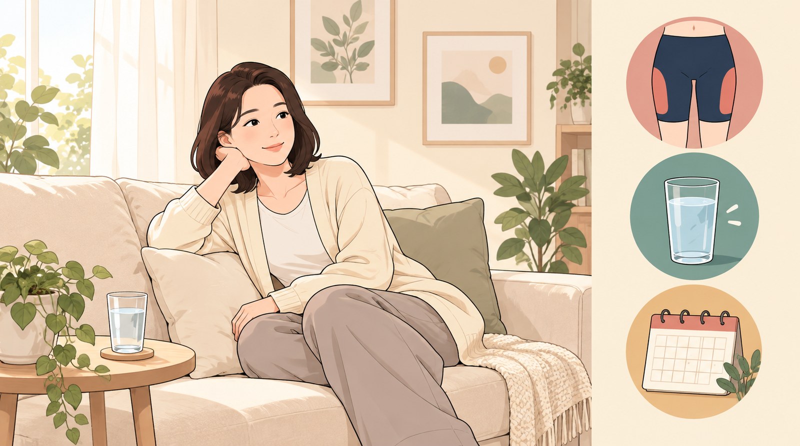 허벅지 지방흡입 후 압박복 착용과 충분한 수분 섭취, 회복 일정을 확인하며 쉬고 있는 여성의 회복 관리 장면