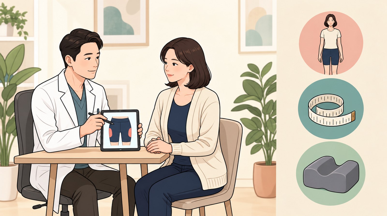 허벅지 지방흡입 수술 전 상담 장면 — 의사가 서 있는 자세 기준의 체형 평가와 줄자, 체위용 쿠션을 설명하는 장면